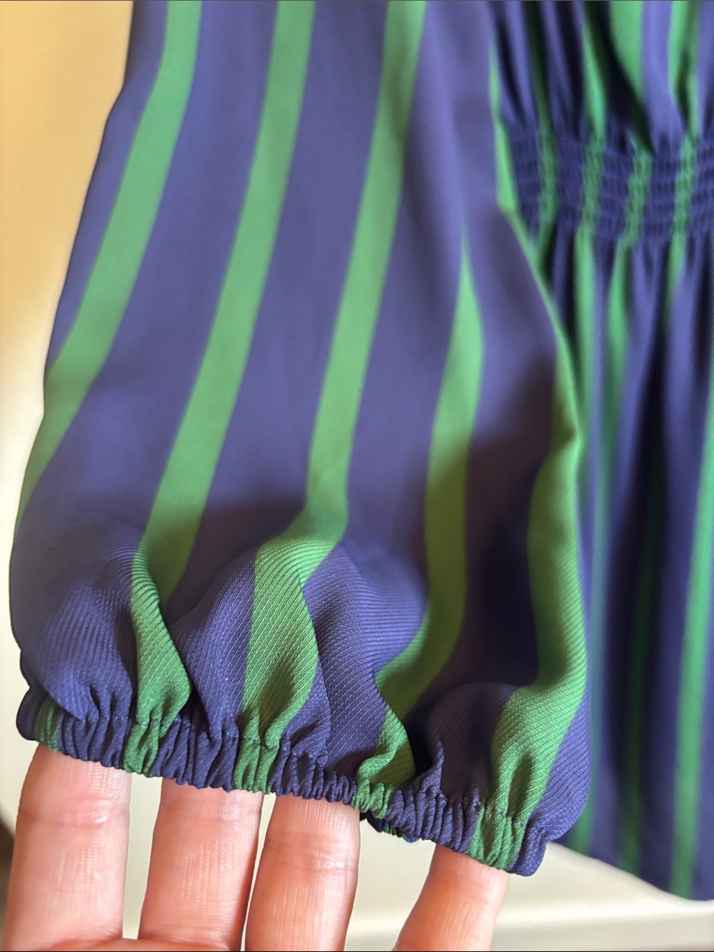 Ann Taylor Vertical Navy & Green Striped Blouson Sleeve Dress - Picture 7 of 12